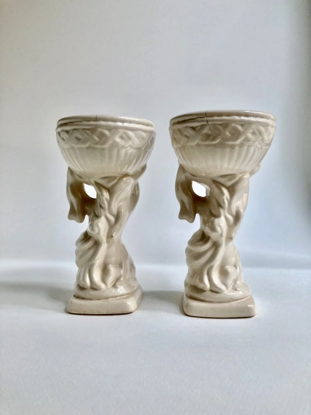 Vintage Rococo Pair of Cream Ceramic Cherub Urns
